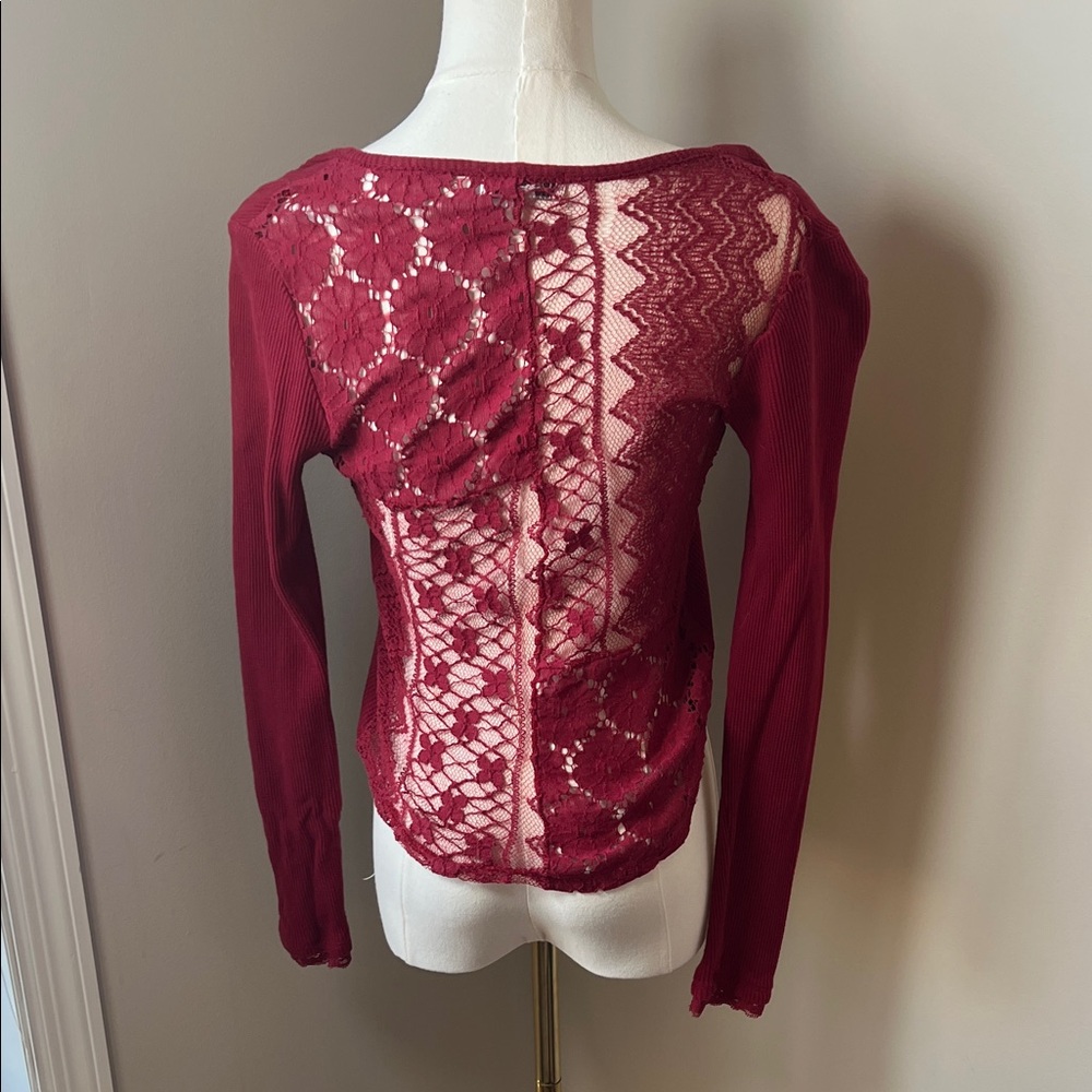 Olsenboye Lace Back Deep Red Long Sleeve Tee